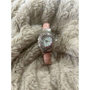 Womens Pink Crystal Faux Leather Hinge Cuff Watch 6 inch Needs Battery